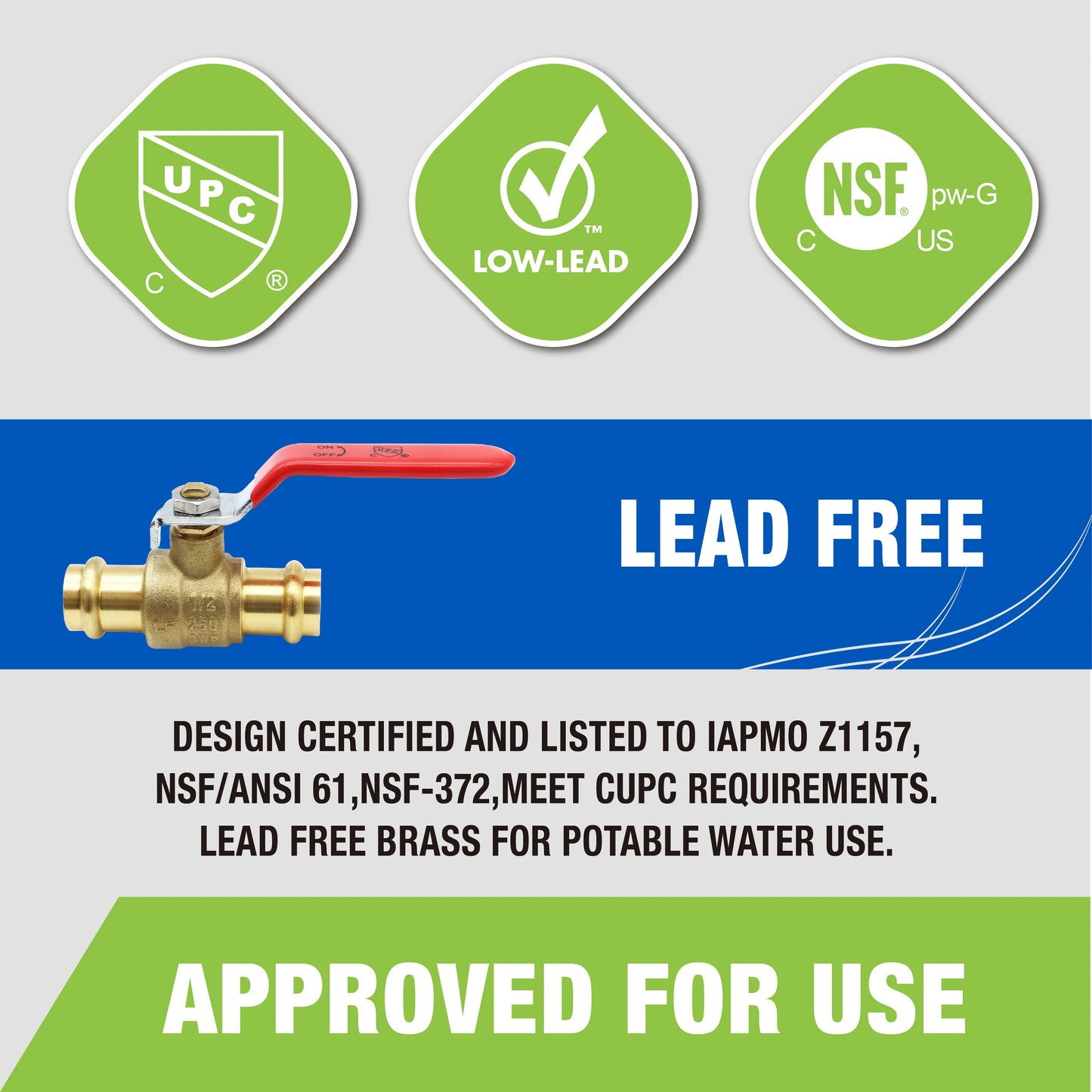 KING SMART 1/2" Press Full Port 1/4 Turn Press Ball Valve; for Hot and Cold Water System; 1 Pcs/Case; Lead Free Brass; 80241