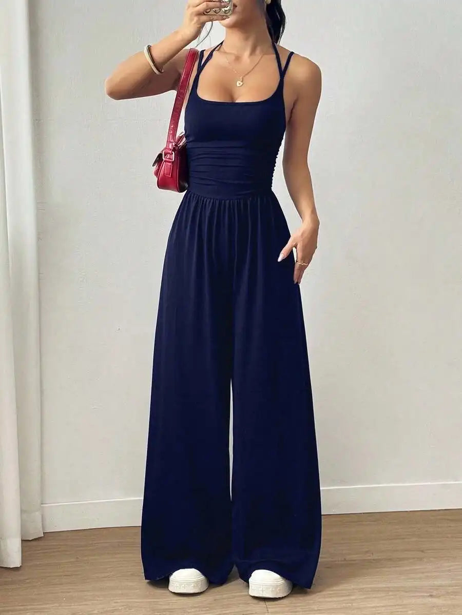 Women's Black Adjustable Strap Wide Leg Jumpsuit, Loose Fit, Spring Summer Casual
