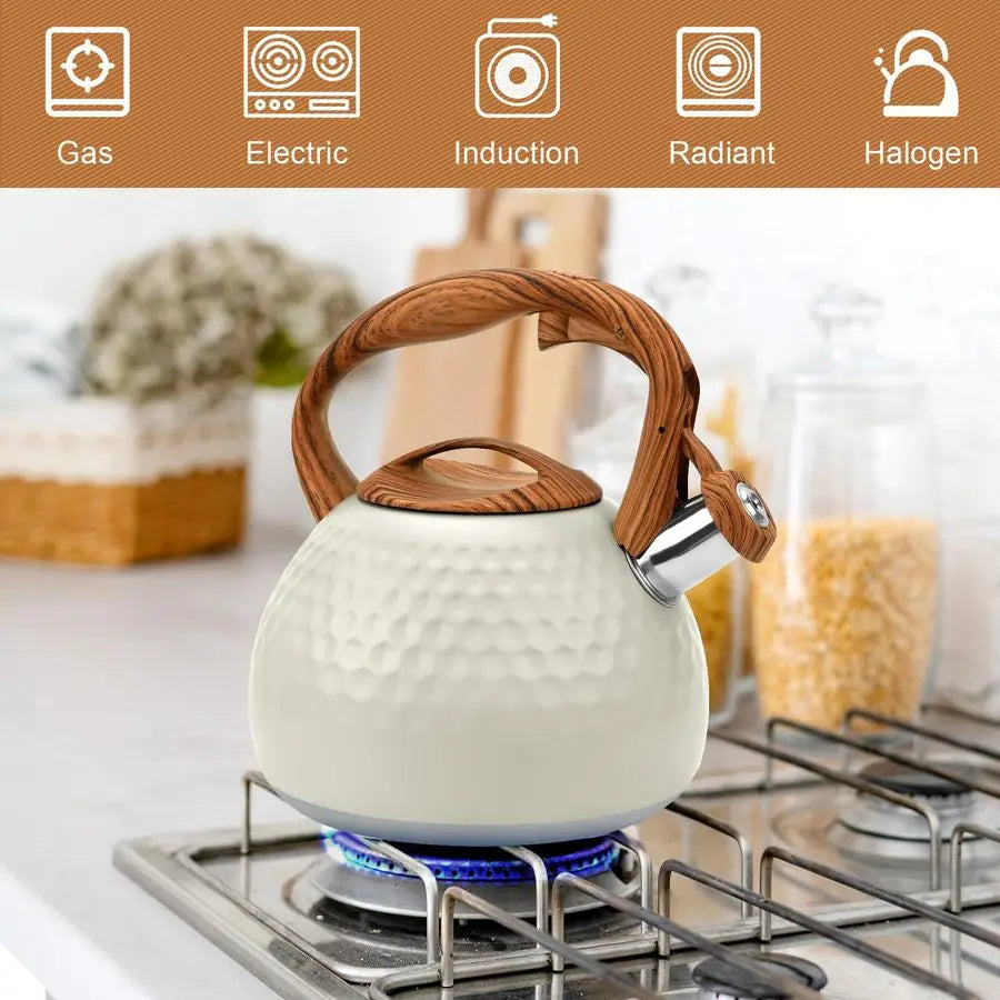 Tea Kettle for Stove Top, Loud Whistling Kettle for Boiling Water Coffee or Milk, 3.1 Quart 3L Heavy Stainless Steel White Kettl
