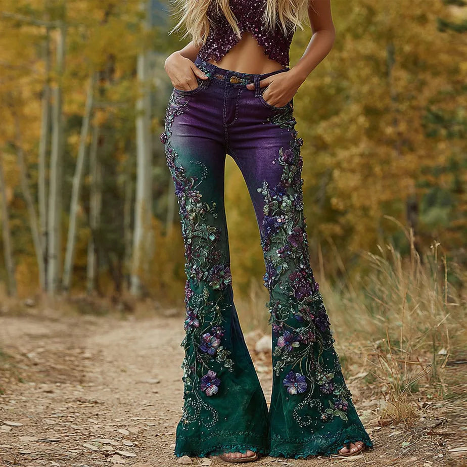 2026 Spring New Arrival Women's Blue Jeans, 3D Printed Accents, Black Stretch Denim Trousers. American Flag/Eagle/Flower Pants.