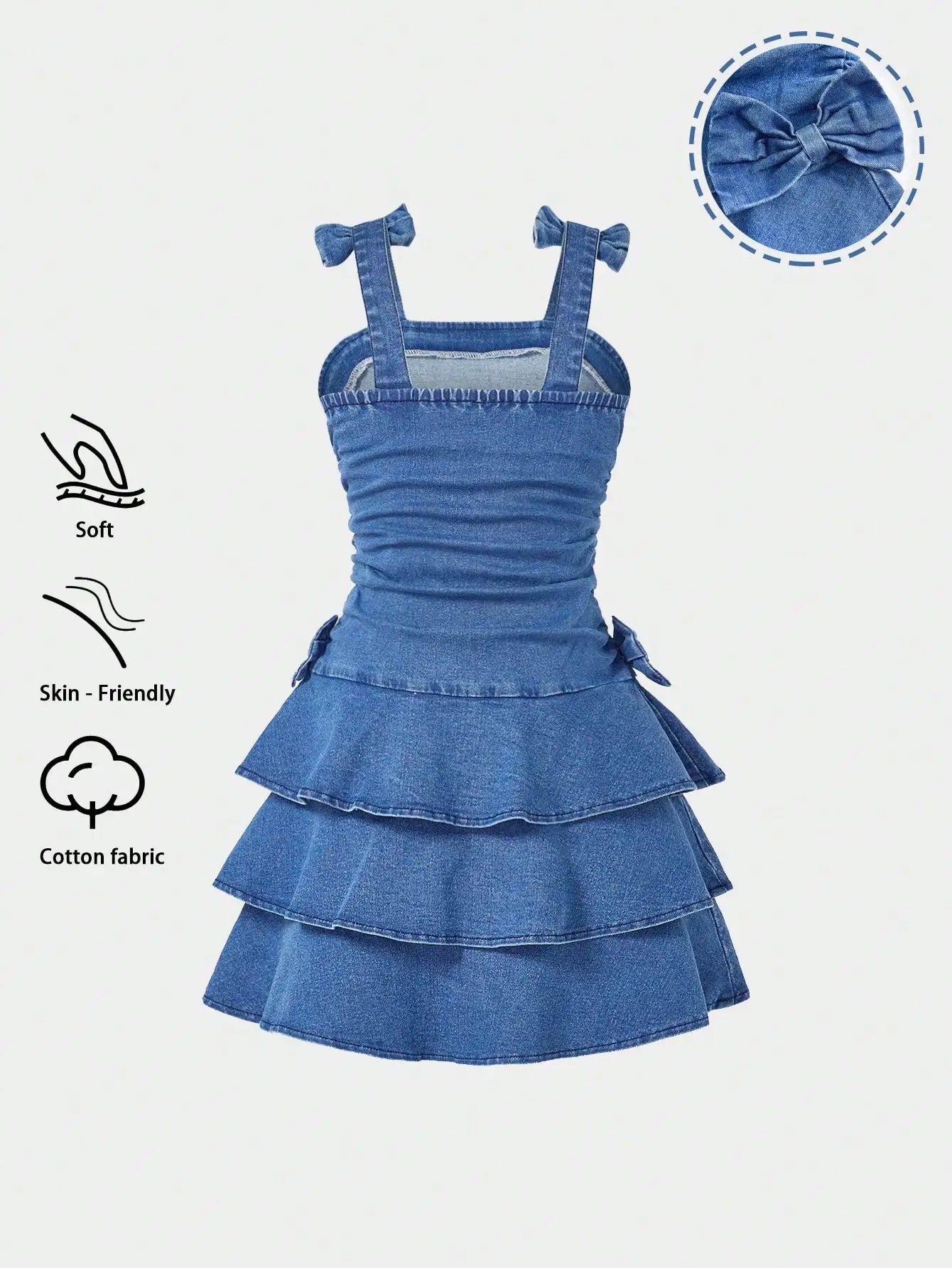 Girls Denim Tiered Ruffle Dress with Bowknot Straps, Soft Cotton, Elastic Waist, Summer Casual