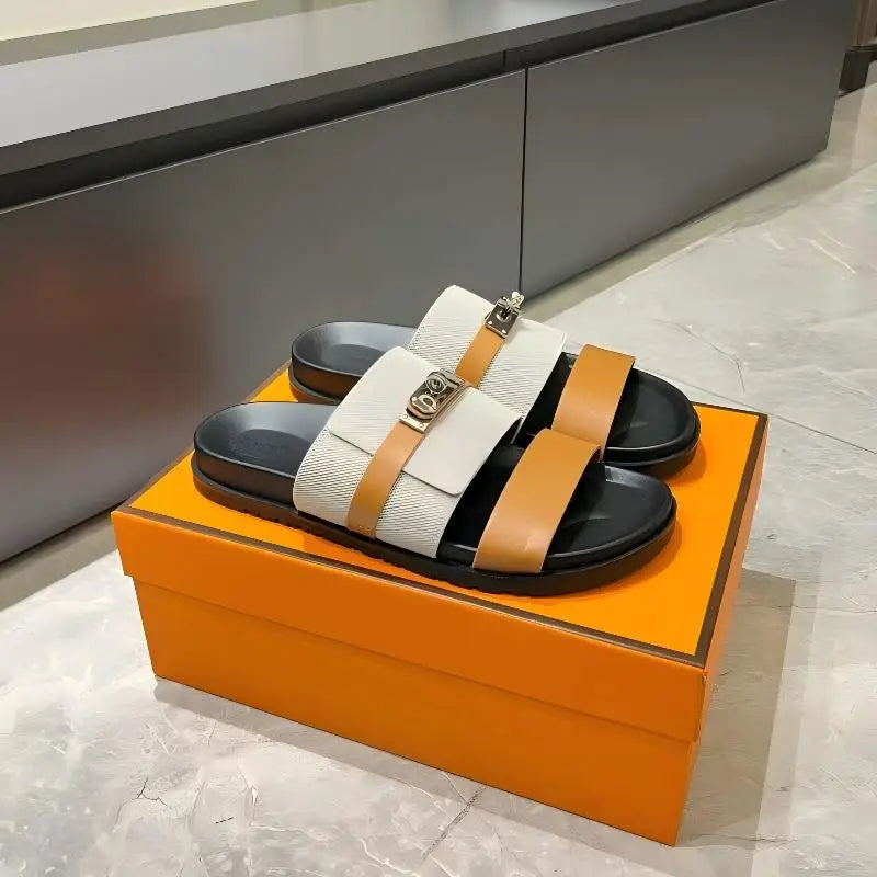 Unisex Double Strap Summer Slide Sandals Metal Buckle Non-slip Leather Indoor Outdoor Slippers