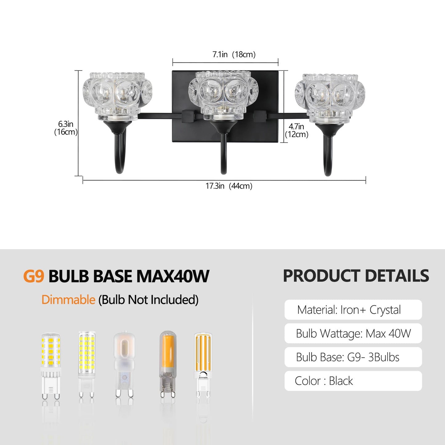 Modern Luxury Crystal Vanity Fixture - Iron & Bubble Pattern Shade Light, Multiple Options (Black) G9 Base Over Mirror Lighting