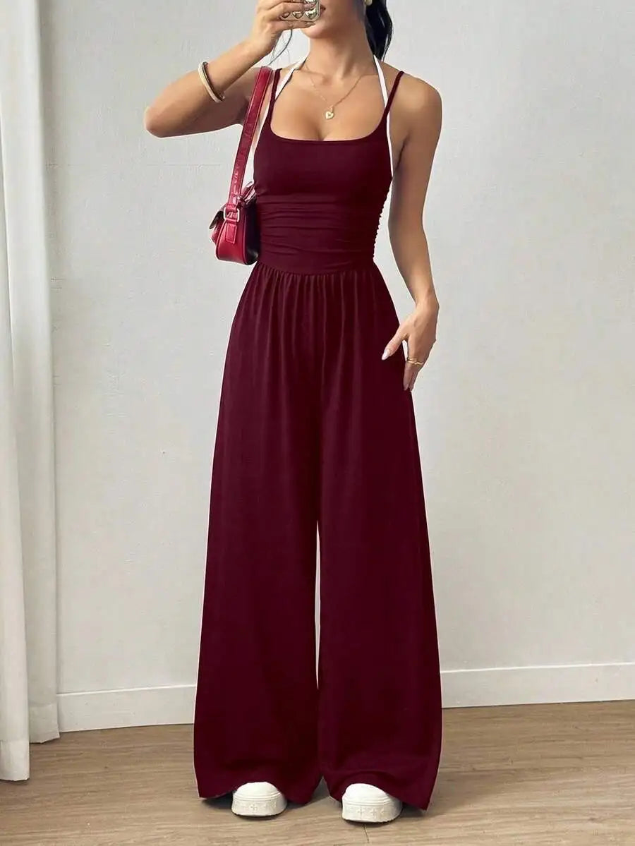 Women's Black Adjustable Strap Wide Leg Jumpsuit, Loose Fit, Spring Summer Casual