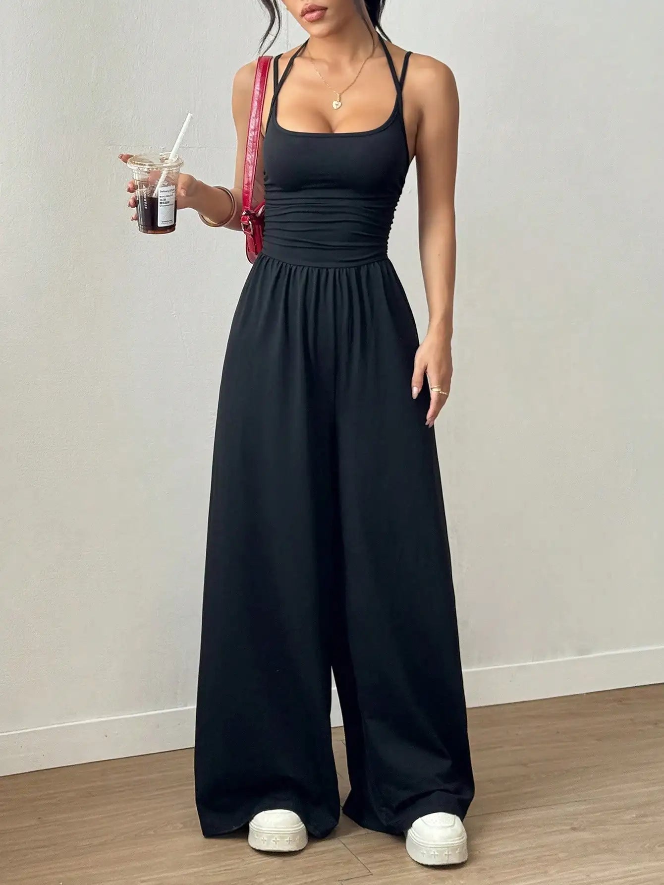 Women's Black Adjustable Strap Wide Leg Jumpsuit, Loose Fit, Spring Summer Casual