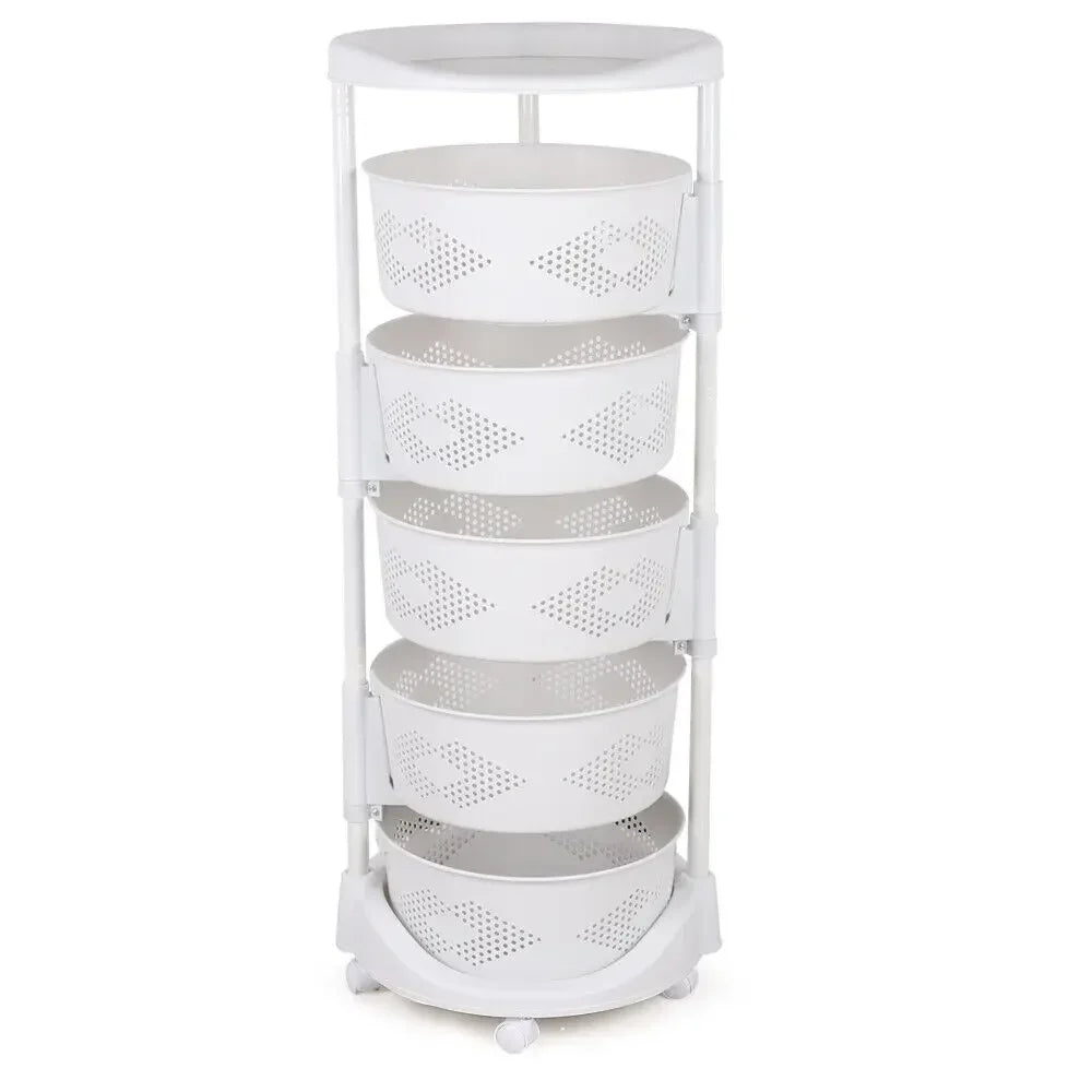 5 Tier Rotating Kitchen Organizer Rack 360° Swivel Baskets Adjustable Height with Wheels for Fruit Vegetable Pantry Storage