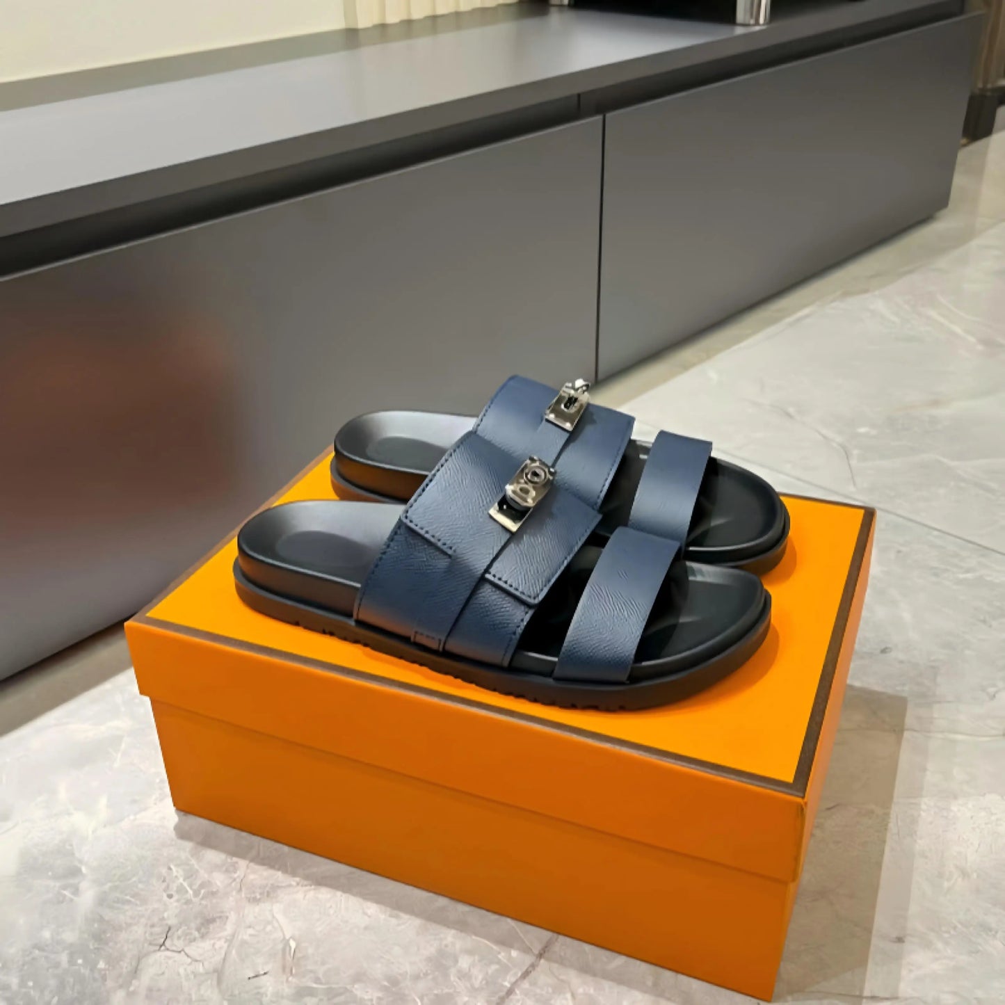 Unisex Double Strap Summer Slide Sandals Metal Buckle Non-slip Leather Indoor Outdoor Slippers