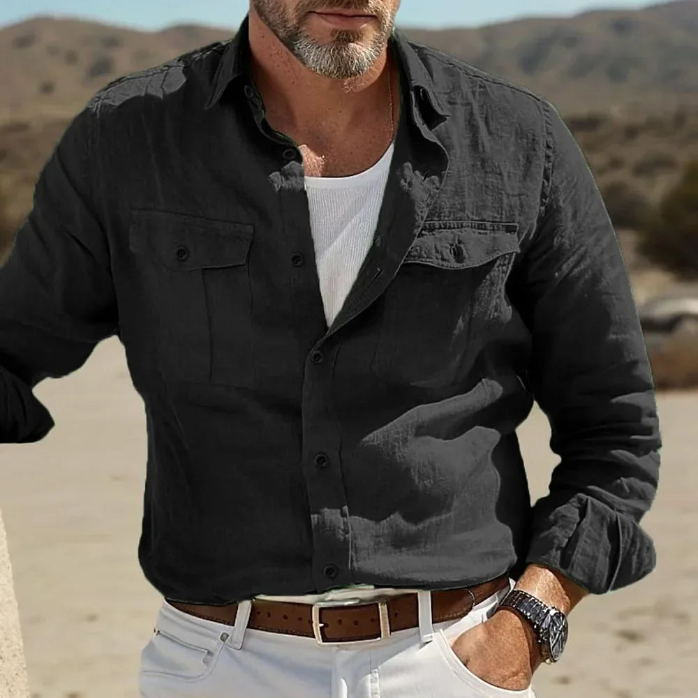 Men's Casual Cotton Linen Shirts for Men Hawaiian Shirts Breathable Solid Color Basic Style Men Clothing