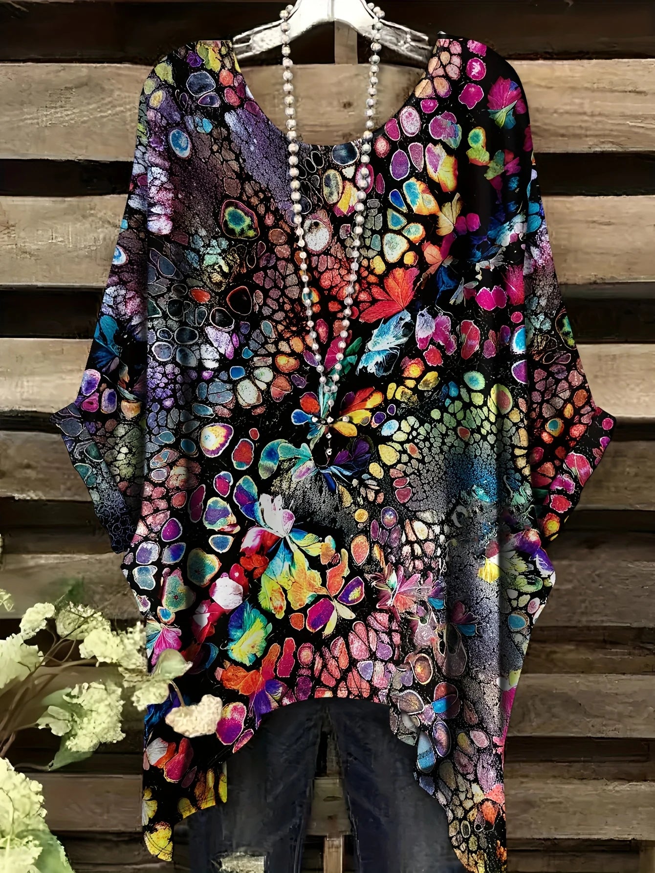 Top with a Rainbow Striped Pattern Tunic T shirt Women T-Shirt Versatile Casual Loose-Fitting Bohemian Clothing Woman Top