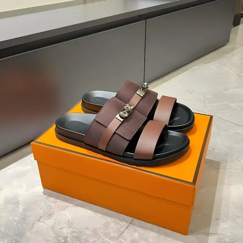 Unisex Double Strap Summer Slide Sandals Metal Buckle Non-slip Leather Indoor Outdoor Slippers