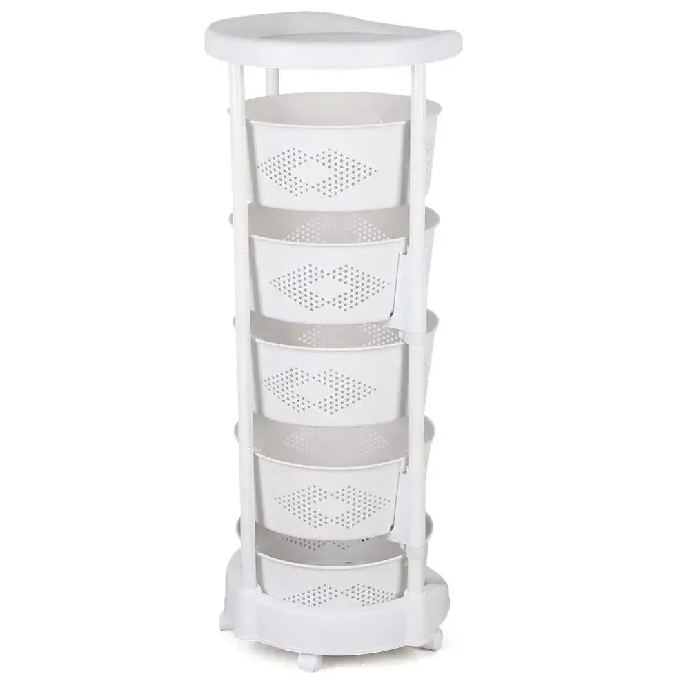 5 Tier Rotating Kitchen Organizer Rack 360° Swivel Baskets Adjustable Height with Wheels for Fruit Vegetable Pantry Storage