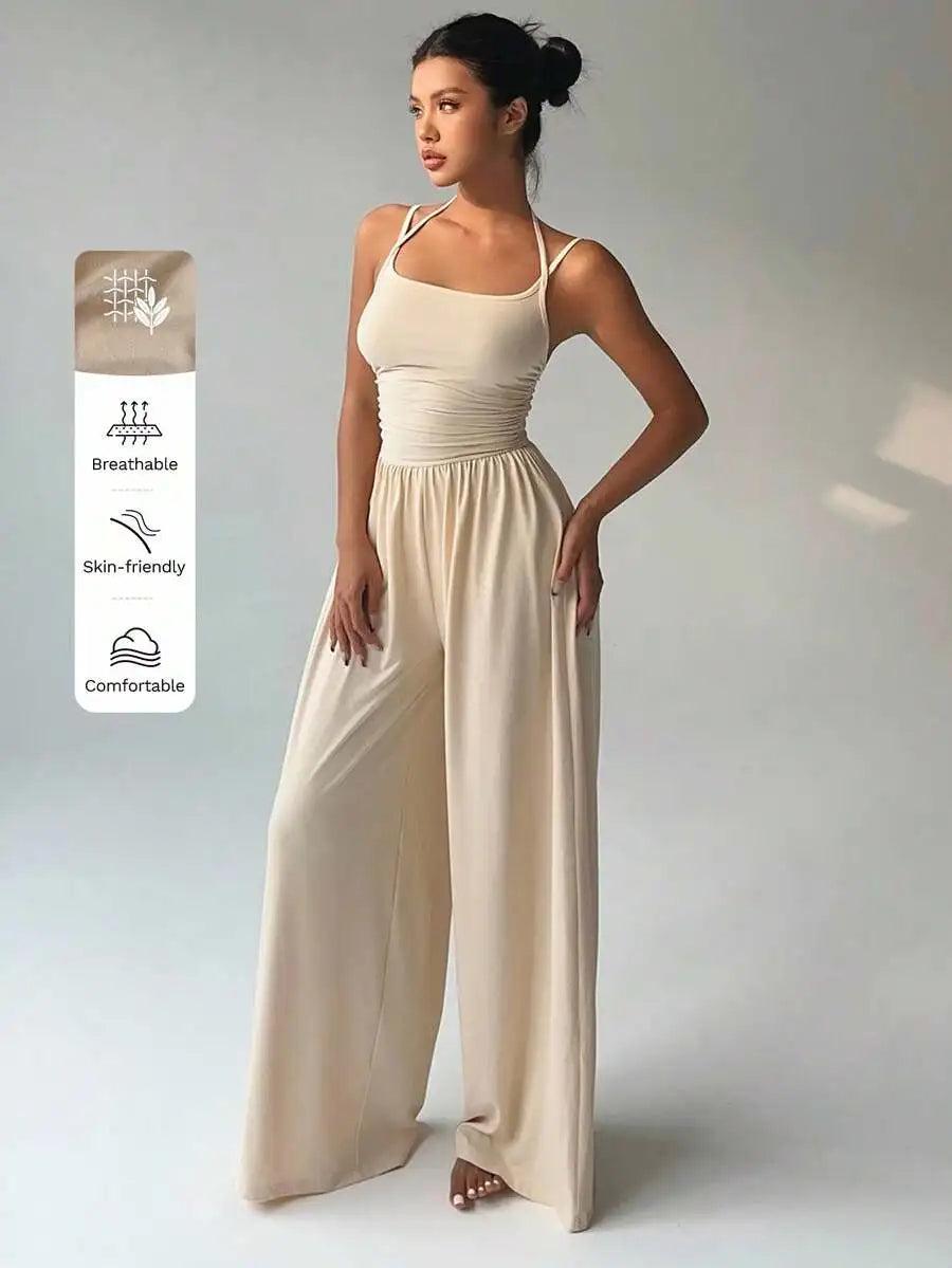 Women's Black Adjustable Strap Wide Leg Jumpsuit, Loose Fit, Spring Summer Casual