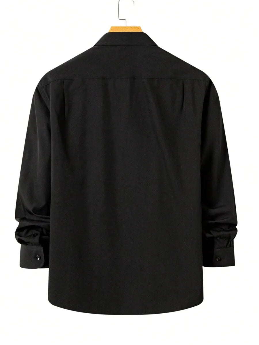 Men's Black Long Sleeve Button-Up Shirt with Western Bull Logo, Casual Business Wear for Fall