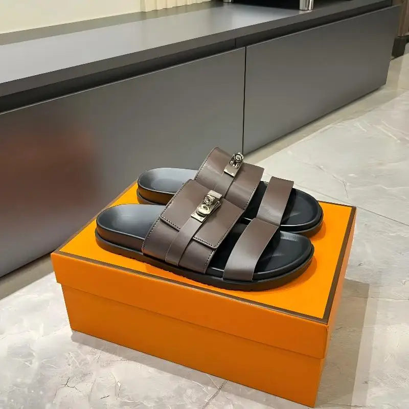 Unisex Double Strap Summer Slide Sandals Metal Buckle Non-slip Leather Indoor Outdoor Slippers