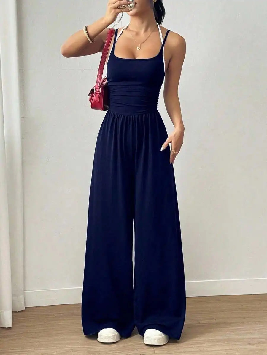 Women's Black Adjustable Strap Wide Leg Jumpsuit, Loose Fit, Spring Summer Casual