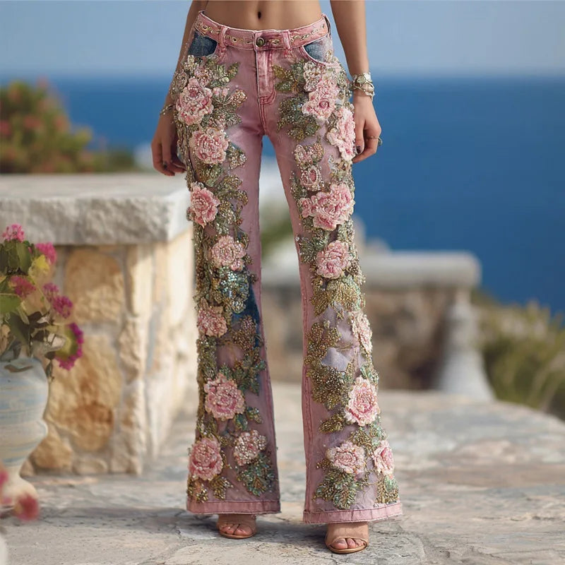 2026 Spring New Arrival Women's Blue Jeans, 3D Printed Accents, Black Stretch Denim Trousers. American Flag/Eagle/Flower Pants.