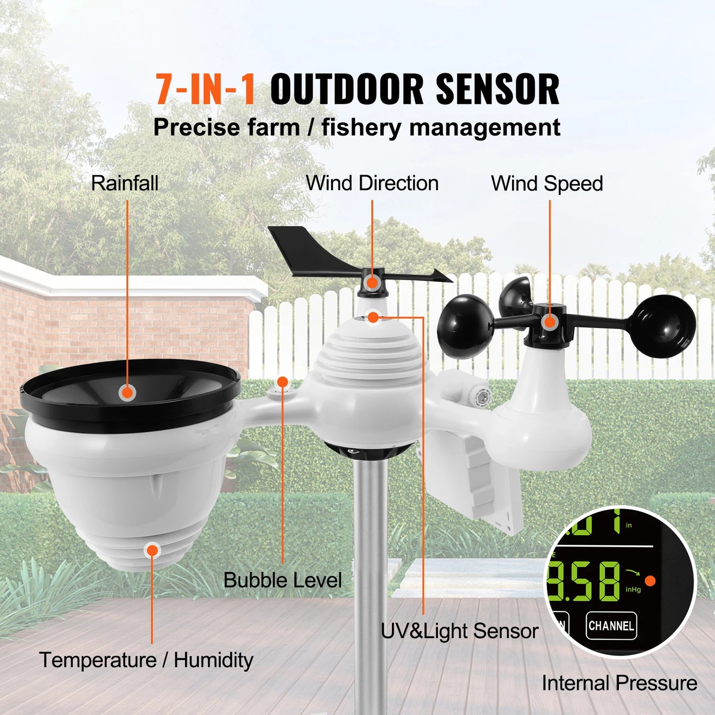 SucceBuy 7-in-1 Wi-Fi Weather Station, 7.5 in Color Display Solar Wireless Outdoor Sensor Alarm Alerts for Temperature Humidity