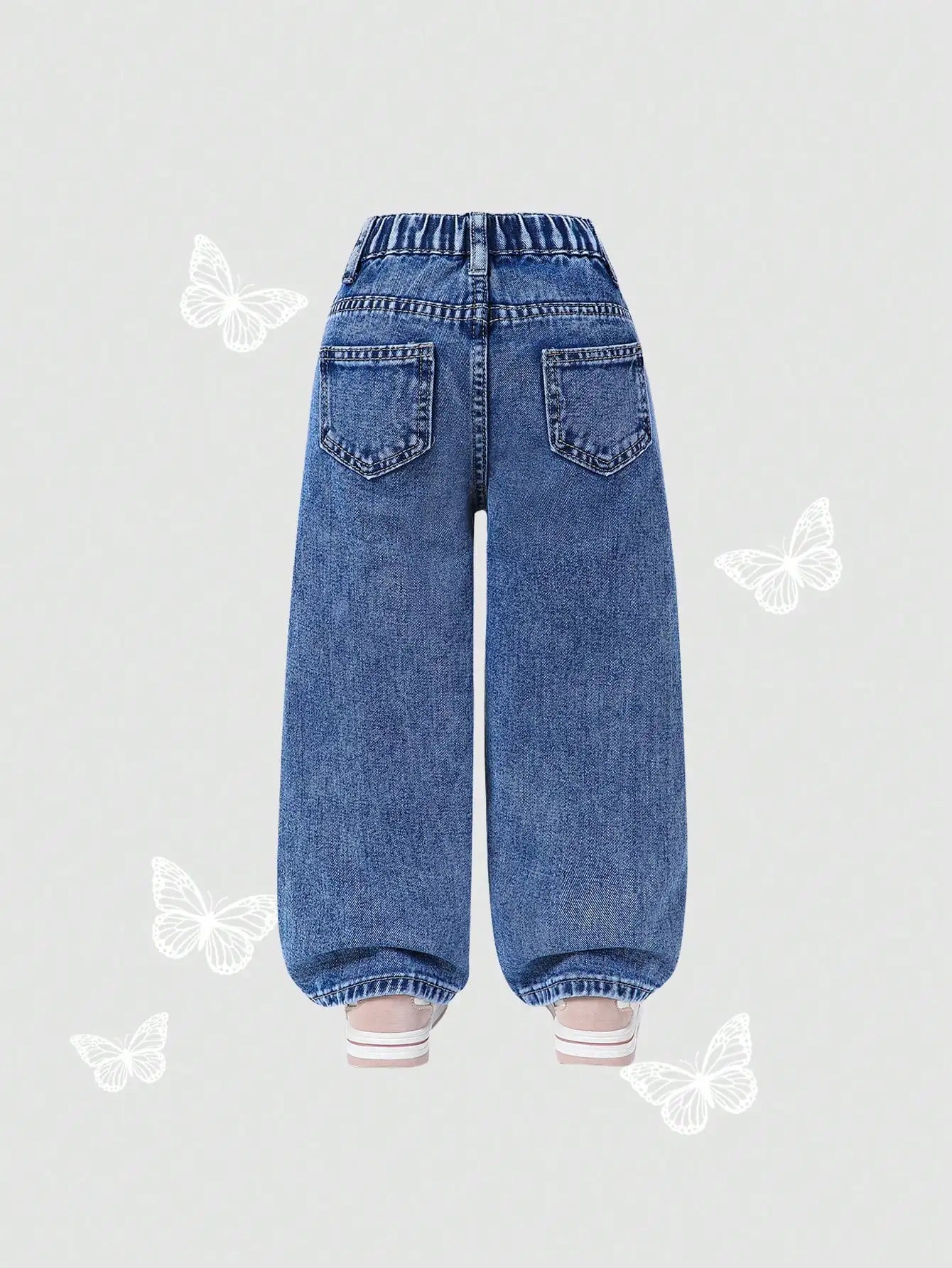 Butterfly Print Cotton Denim Jeans for Girls, Elastic Waist Loose Fit Straight Leg Pants