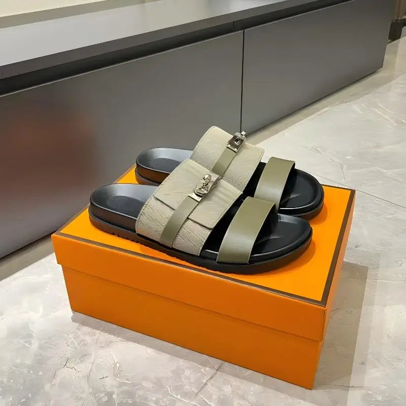 Unisex Double Strap Summer Slide Sandals Metal Buckle Non-slip Leather Indoor Outdoor Slippers