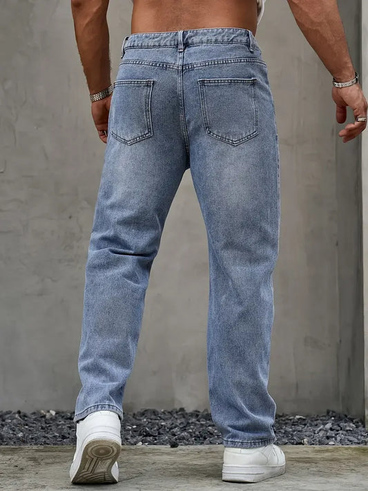 Men'S Washed Light Blue Loose Fit Jeans - All-Season, Non-Stretch Denim, Regular Length, Casual Style, Casual Wear Jeans | Relax