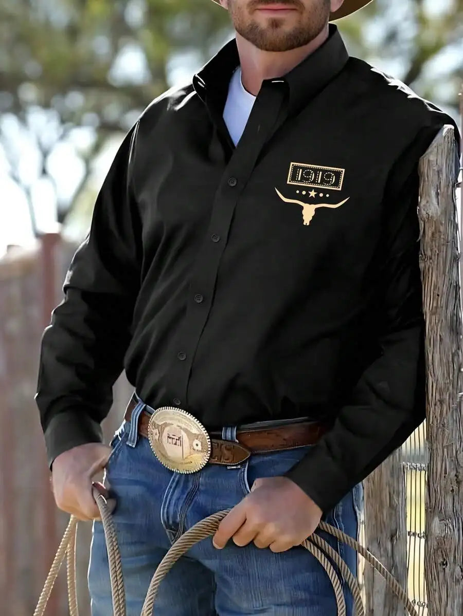 Men's Black Long Sleeve Button-Up Shirt with Western Bull Logo, Casual Business Wear for Fall