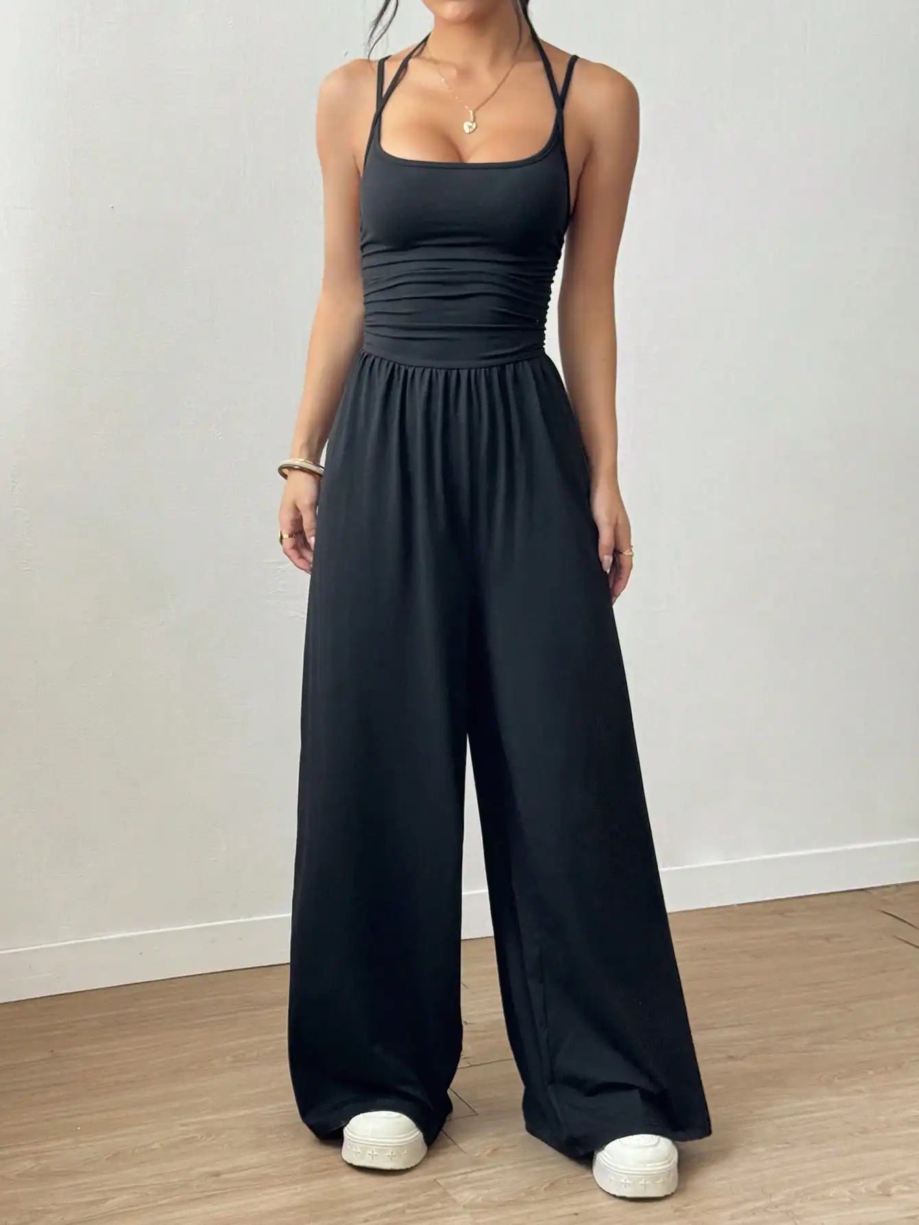 Women's Black Adjustable Strap Wide Leg Jumpsuit, Loose Fit, Spring Summer Casual