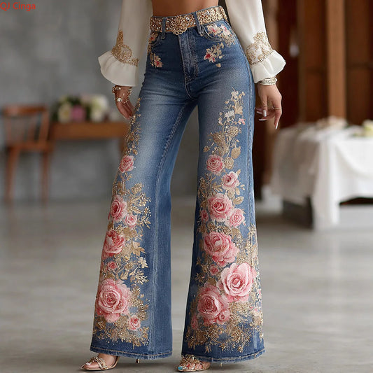 2026 Spring New Arrival Women's Blue Jeans, 3D Printed Accents, Black Stretch Denim Trousers. American Flag/Eagle/Flower Pants.