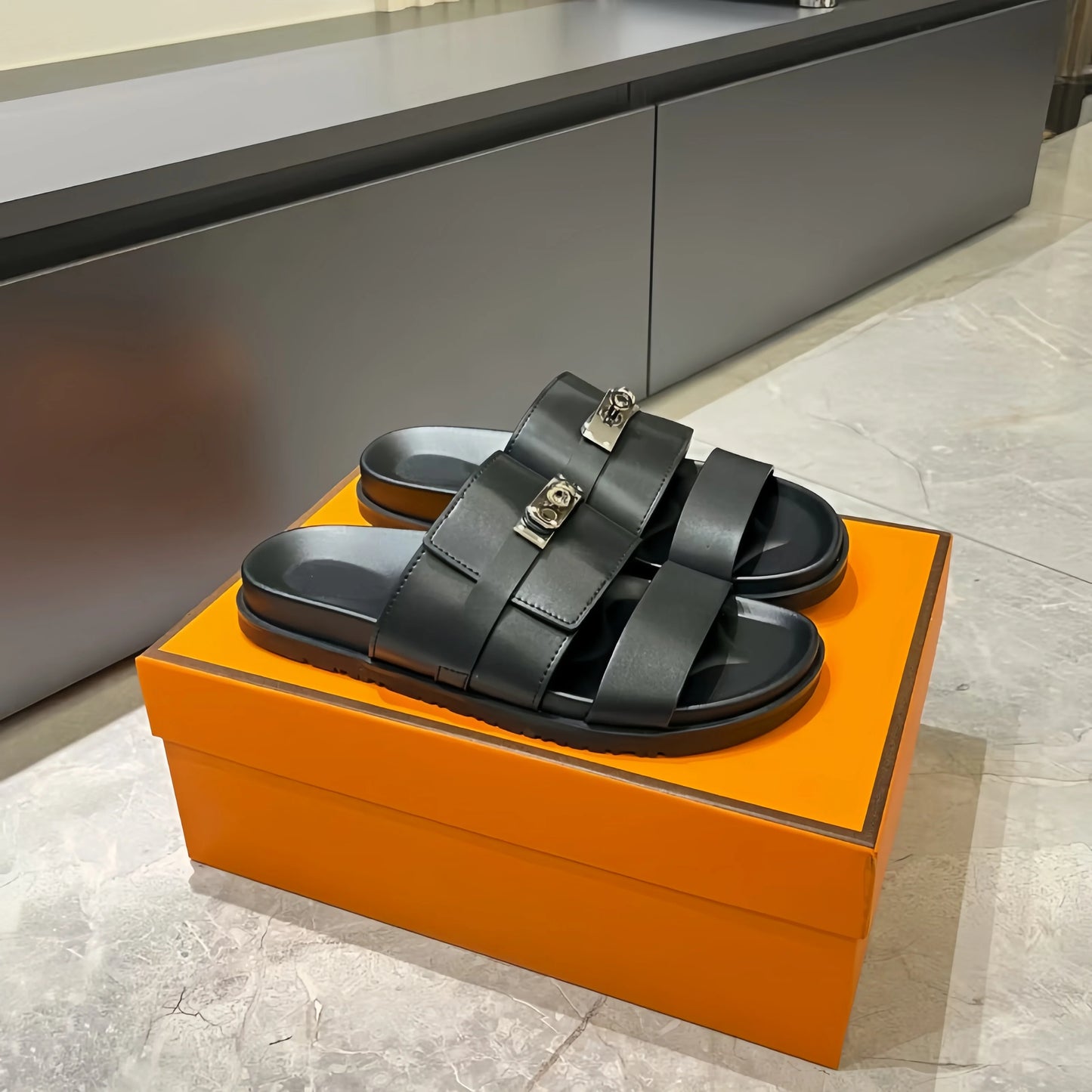 Unisex Double Strap Summer Slide Sandals Metal Buckle Non-slip Leather Indoor Outdoor Slippers