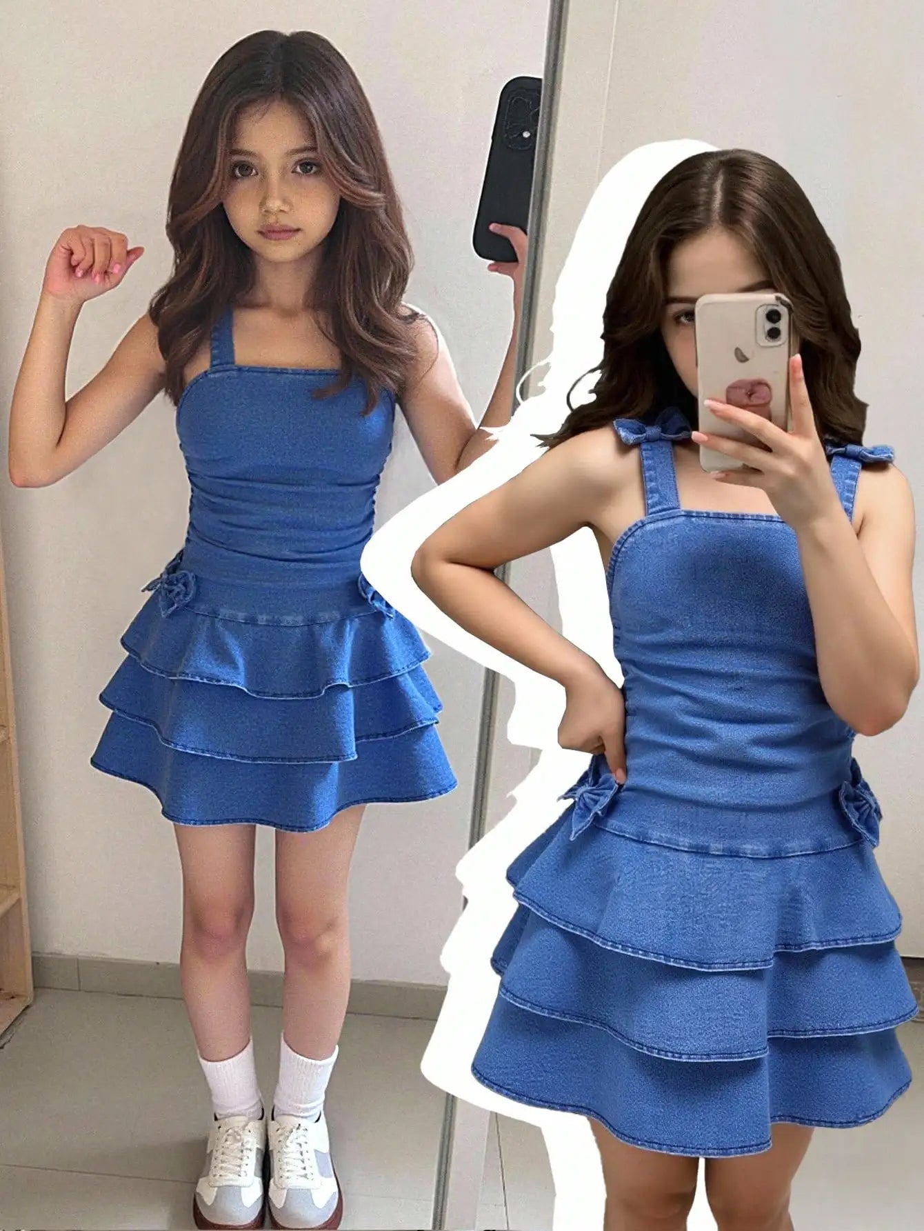 Girls Denim Tiered Ruffle Dress with Bowknot Straps, Soft Cotton, Elastic Waist, Summer Casual