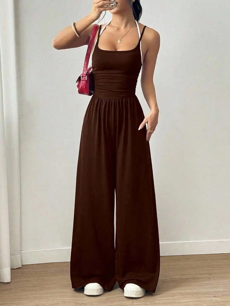 Women's Black Adjustable Strap Wide Leg Jumpsuit, Loose Fit, Spring Summer Casual
