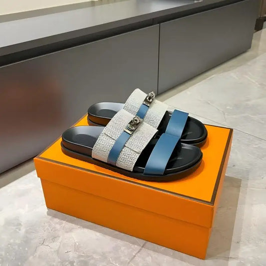 Unisex Double Strap Summer Slide Sandals Metal Buckle Non-slip Leather Indoor Outdoor Slippers