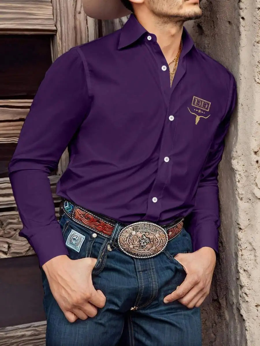 Men's Black Long Sleeve Button-Up Shirt with Western Bull Logo, Casual Business Wear for Fall