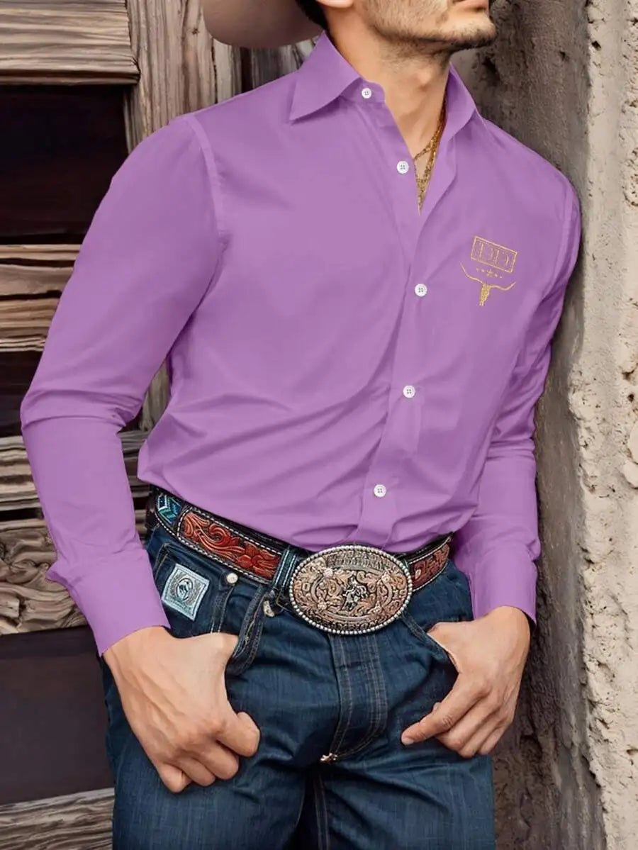 Men's Black Long Sleeve Button-Up Shirt with Western Bull Logo, Casual Business Wear for Fall