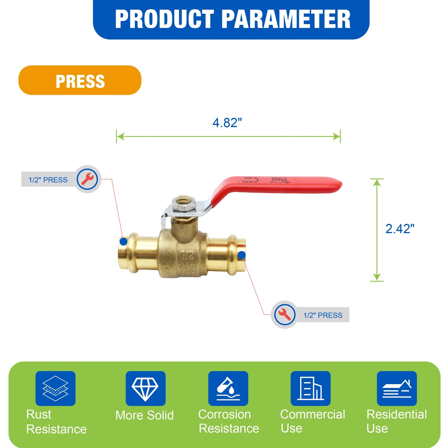 KING SMART 1/2" Press Full Port 1/4 Turn Press Ball Valve; for Hot and Cold Water System; 1 Pcs/Case; Lead Free Brass; 80241
