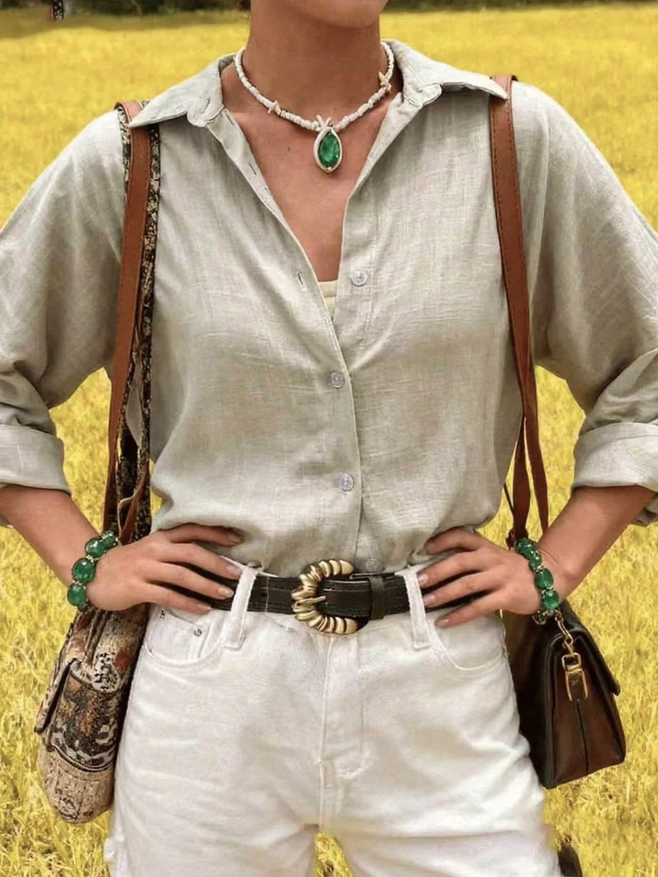 Women's Casual Linen Shirt With Rolled Cuff And Button Detail Turn-Down Collar Long Sleeve