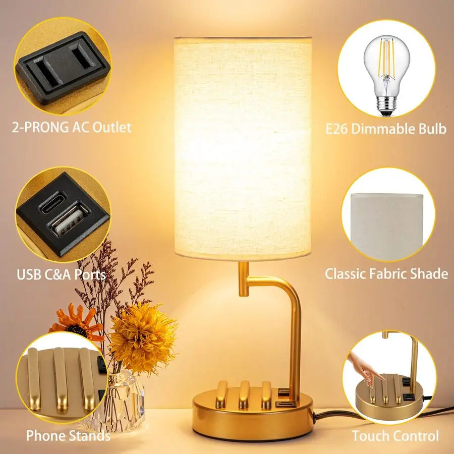 Dreamholder Touch Control USB Table Lamp, Upgraded 3Way Dimmable Bedside Desk Lamp with USB C A Charging Ports and AC Outlet, N