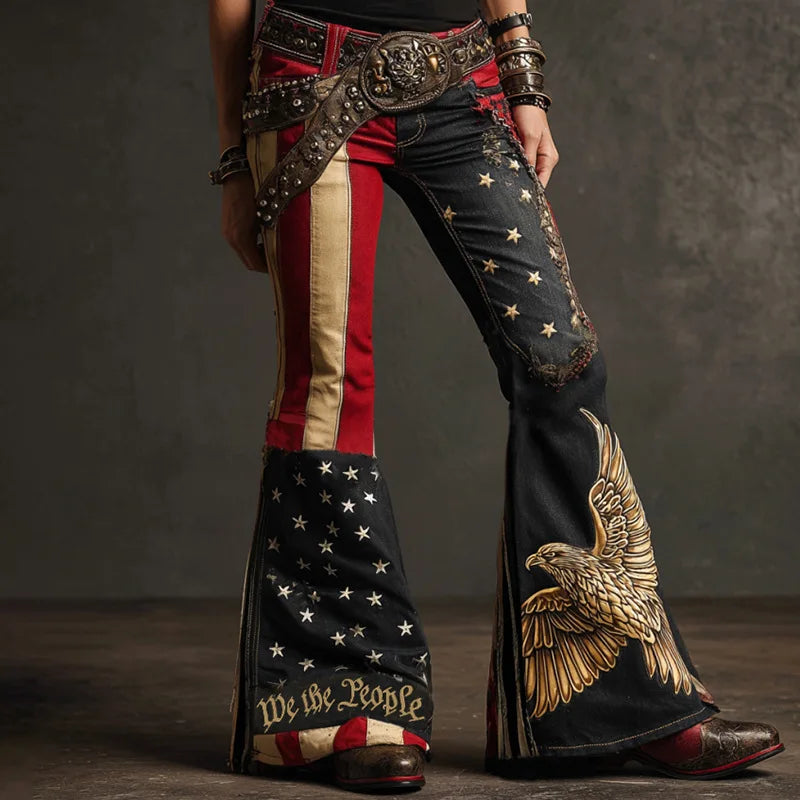 2026 Spring New Arrival Women's Blue Jeans, 3D Printed Accents, Black Stretch Denim Trousers. American Flag/Eagle/Flower Pants.