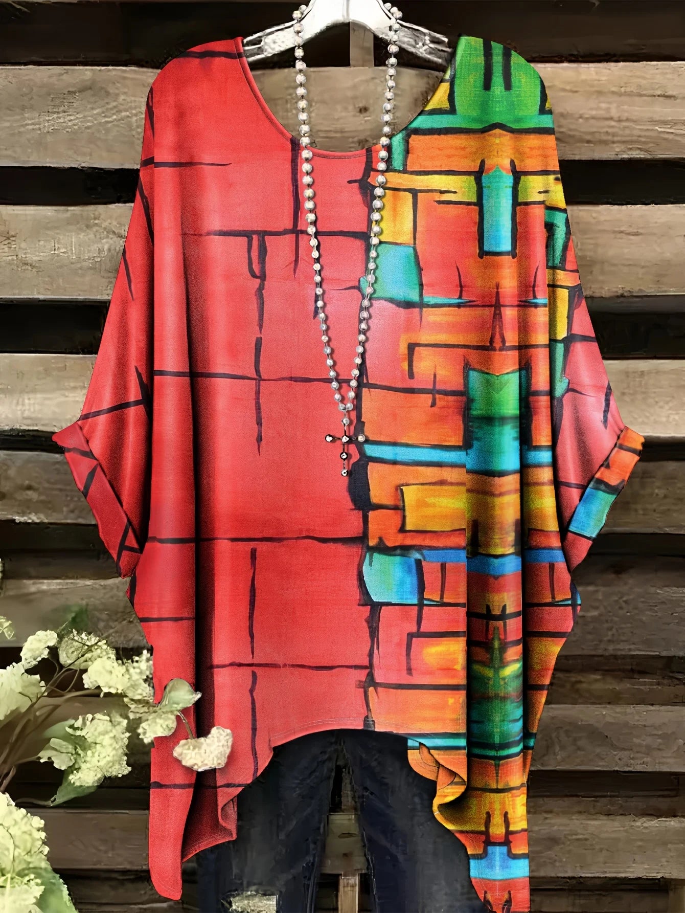 Top with a Rainbow Striped Pattern Tunic T shirt Women T-Shirt Versatile Casual Loose-Fitting Bohemian Clothing Woman Top