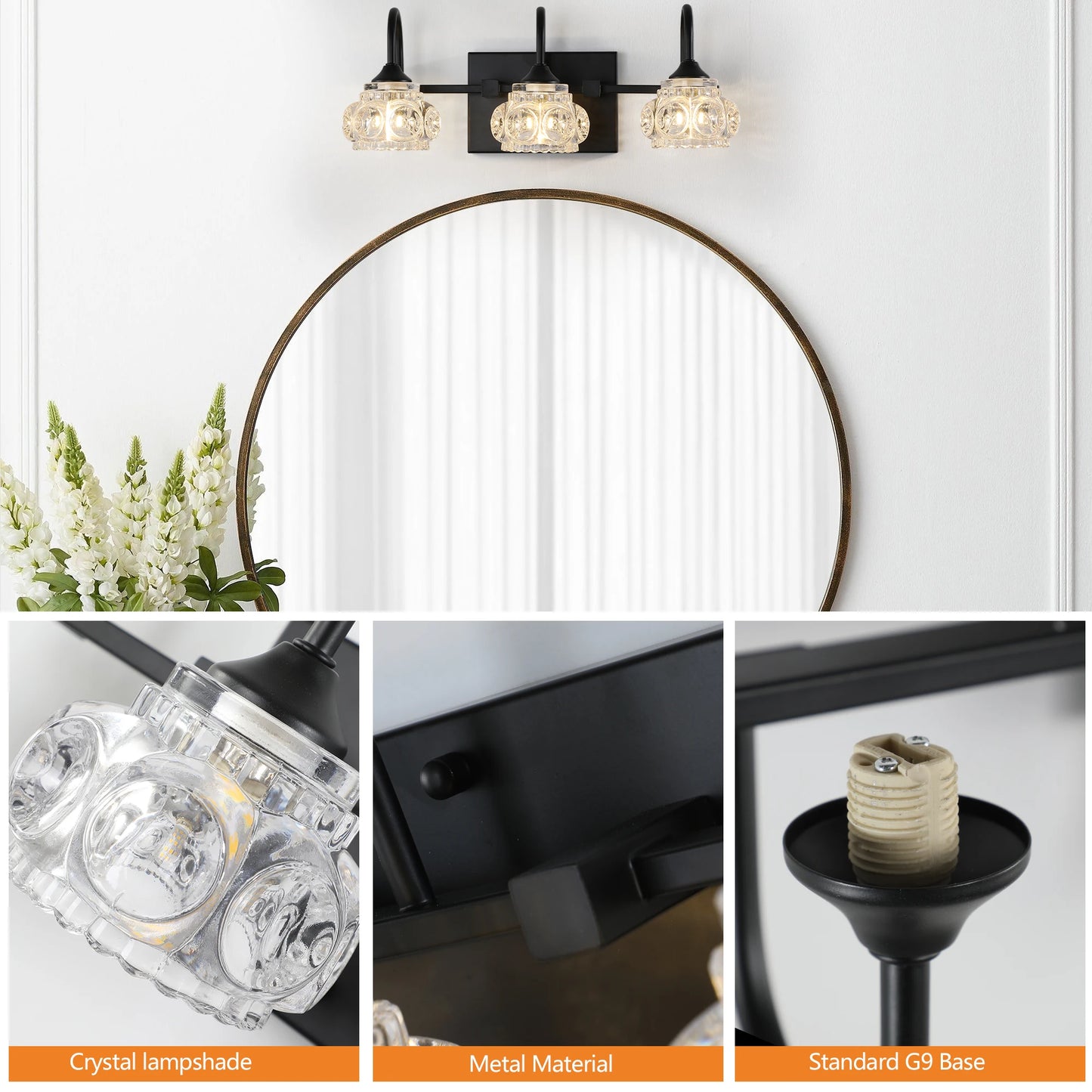 Modern Luxury Crystal Vanity Fixture - Iron & Bubble Pattern Shade Light, Multiple Options (Black) G9 Base Over Mirror Lighting
