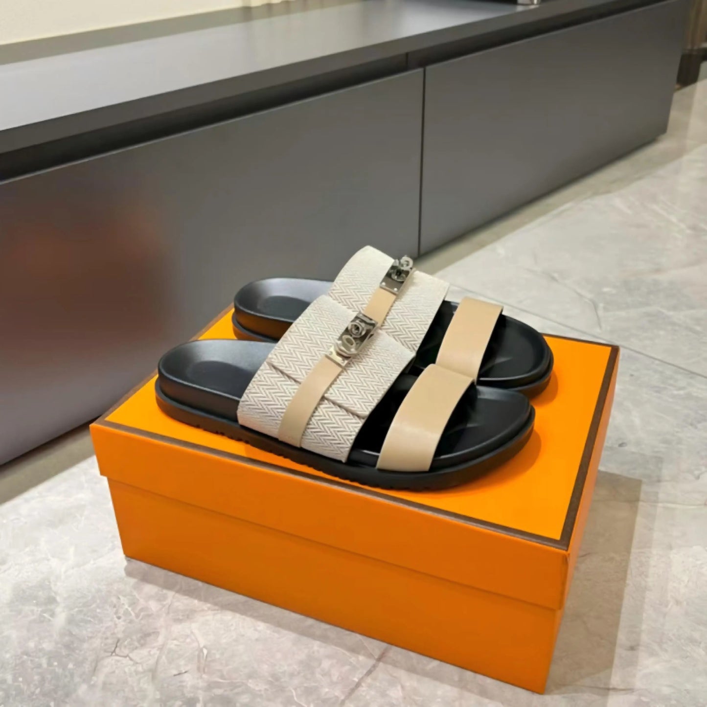 Unisex Double Strap Summer Slide Sandals Metal Buckle Non-slip Leather Indoor Outdoor Slippers