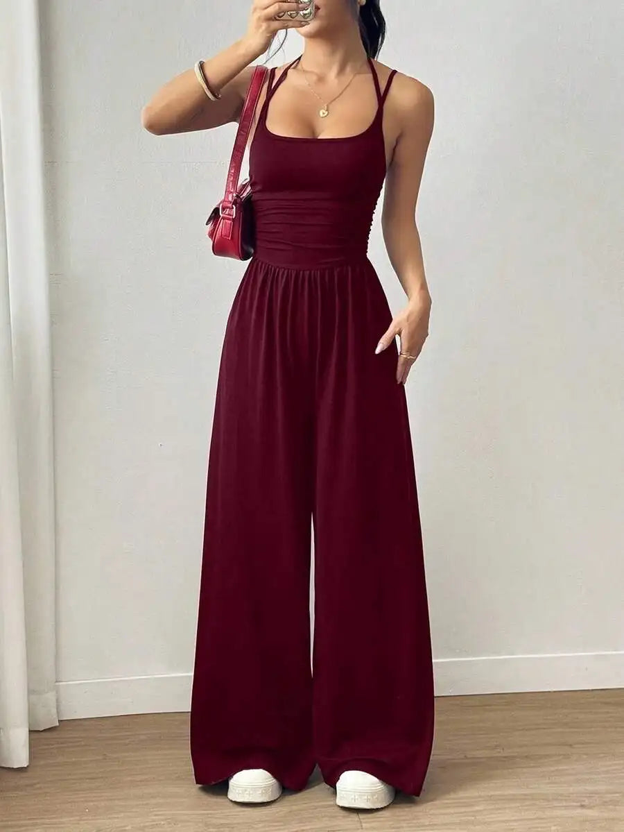 Women's Black Adjustable Strap Wide Leg Jumpsuit, Loose Fit, Spring Summer Casual
