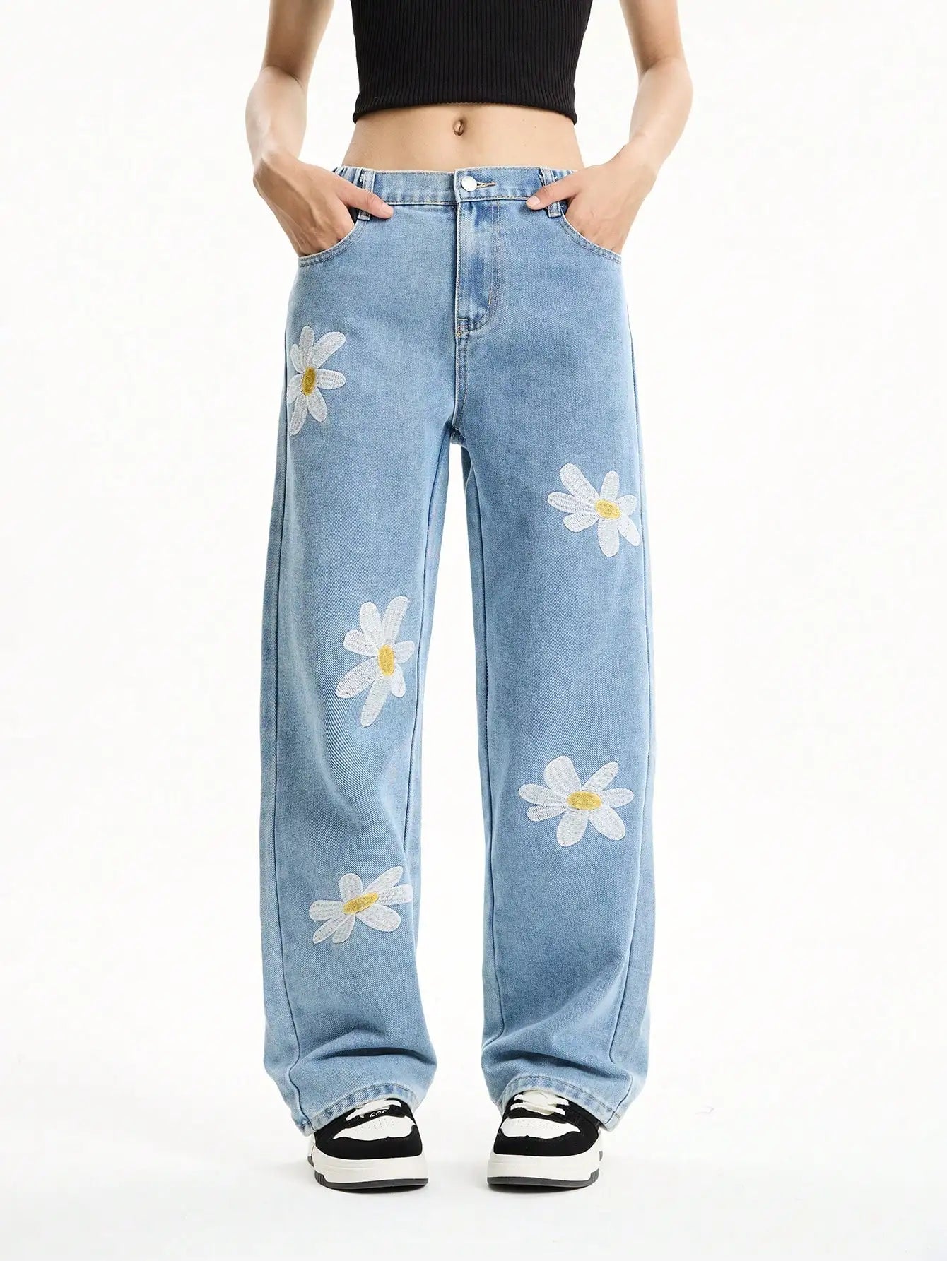Middle and large girls youth college style loose wide-leg straight pants casual long versatile jeans