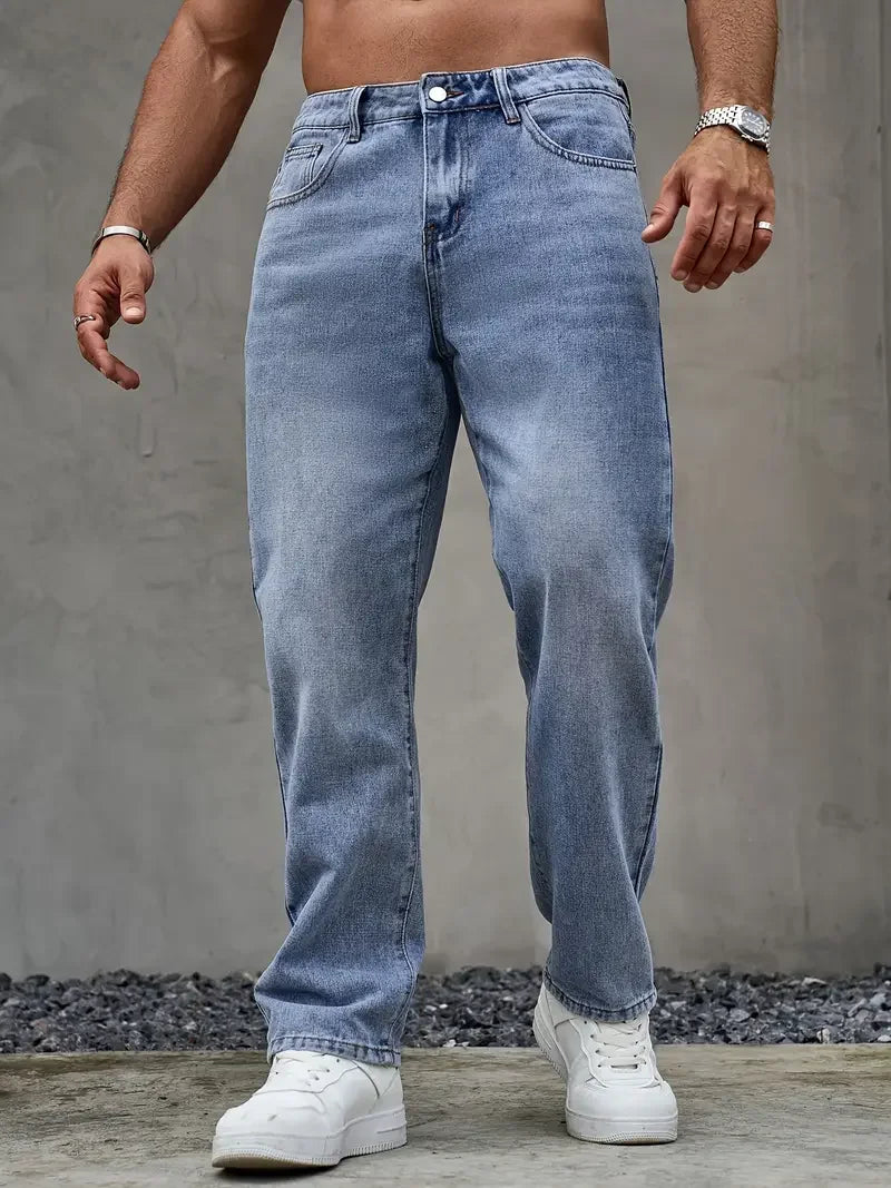 Men'S Washed Light Blue Loose Fit Jeans - All-Season, Non-Stretch Denim, Regular Length, Casual Style, Casual Wear Jeans | Relax