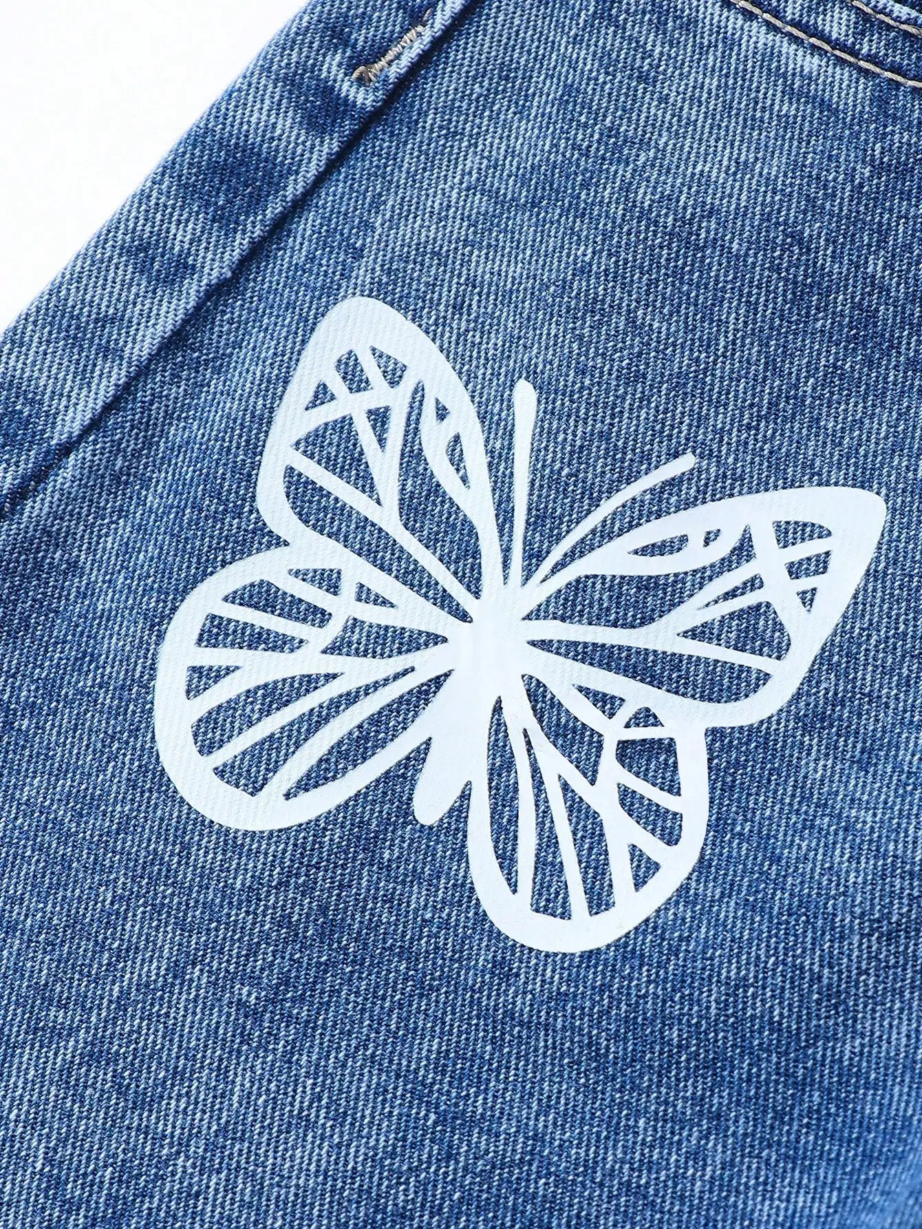 Butterfly Print Cotton Denim Jeans for Girls, Elastic Waist Loose Fit Straight Leg Pants