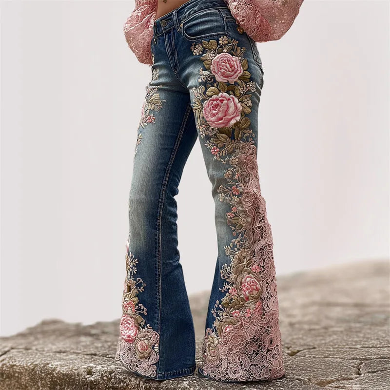 2026 Spring New Arrival Women's Blue Jeans, 3D Printed Accents, Black Stretch Denim Trousers. American Flag/Eagle/Flower Pants.