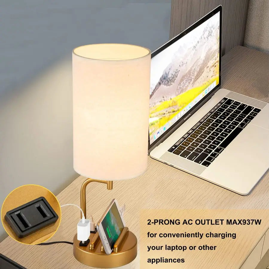 Dreamholder Touch Control USB Table Lamp, Upgraded 3Way Dimmable Bedside Desk Lamp with USB C A Charging Ports and AC Outlet, N