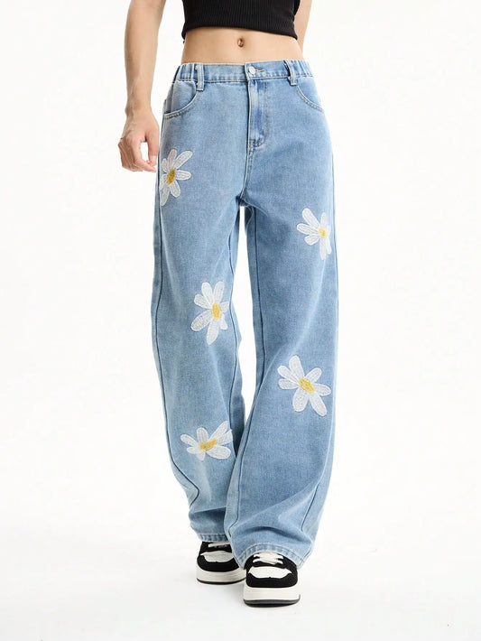 Middle and large girls youth college style loose wide-leg straight pants casual long versatile jeans