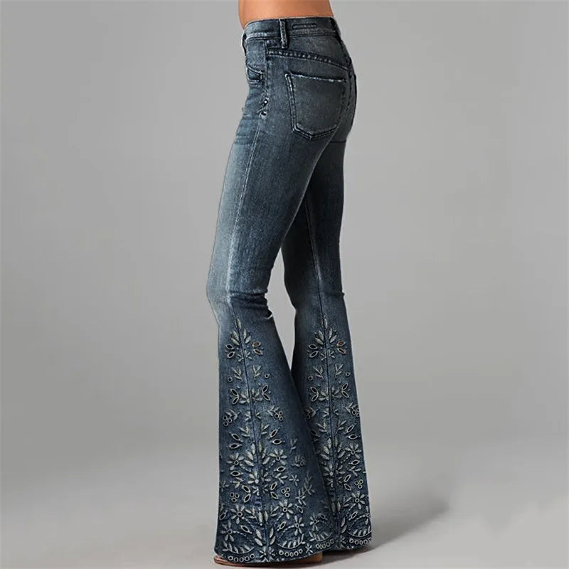 2026 Spring New Arrival Women's Blue Jeans, 3D Printed Accents, Black Stretch Denim Trousers. American Flag/Eagle/Flower Pants.