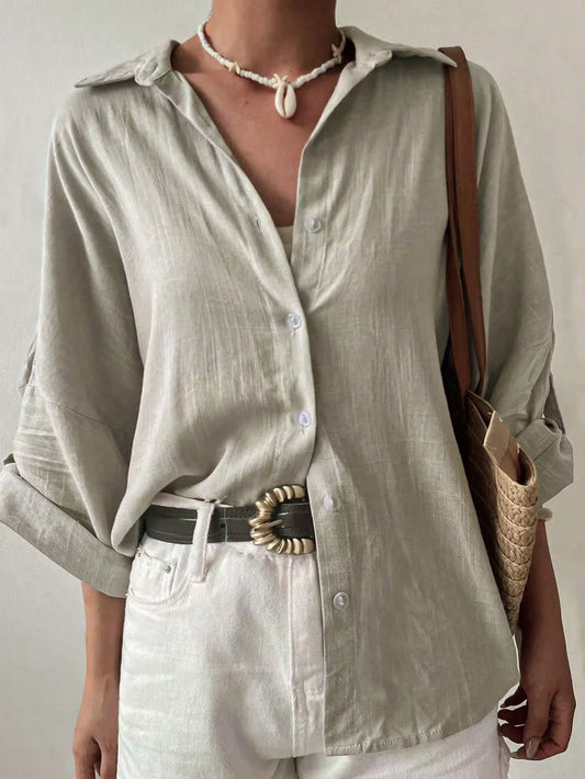 Women's Casual Linen Shirt With Rolled Cuff And Button Detail Turn-Down Collar Long Sleeve