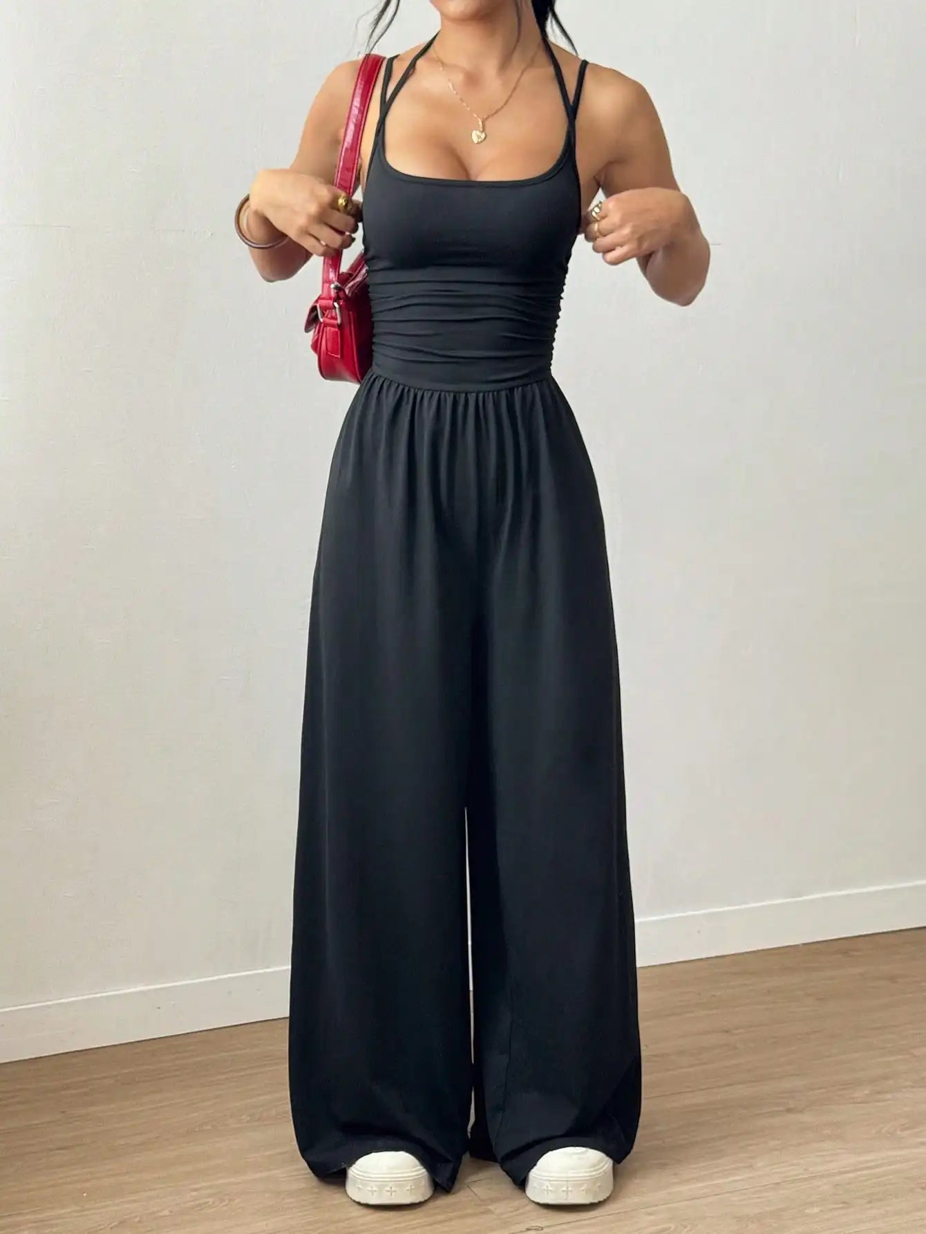Women's Black Adjustable Strap Wide Leg Jumpsuit, Loose Fit, Spring Summer Casual